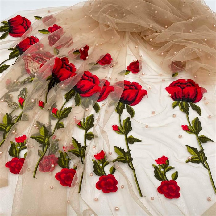 Сетка вышивка с бусинами Розы беж - фото 10955