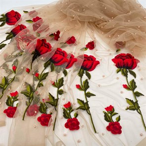 Сетка вышивка с бусинами Розы беж